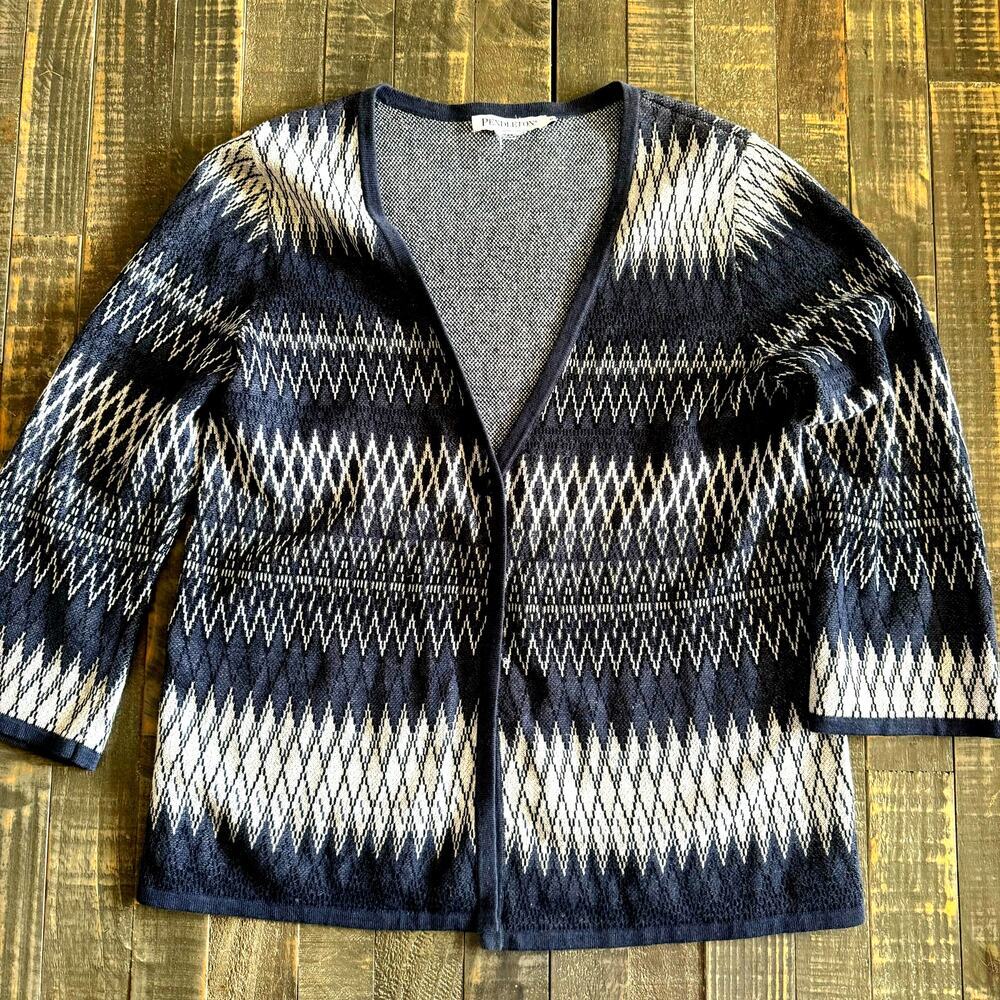 Pendleton Linen‎ Navy Blue Aztec Style Print One Button Cardigan Size S